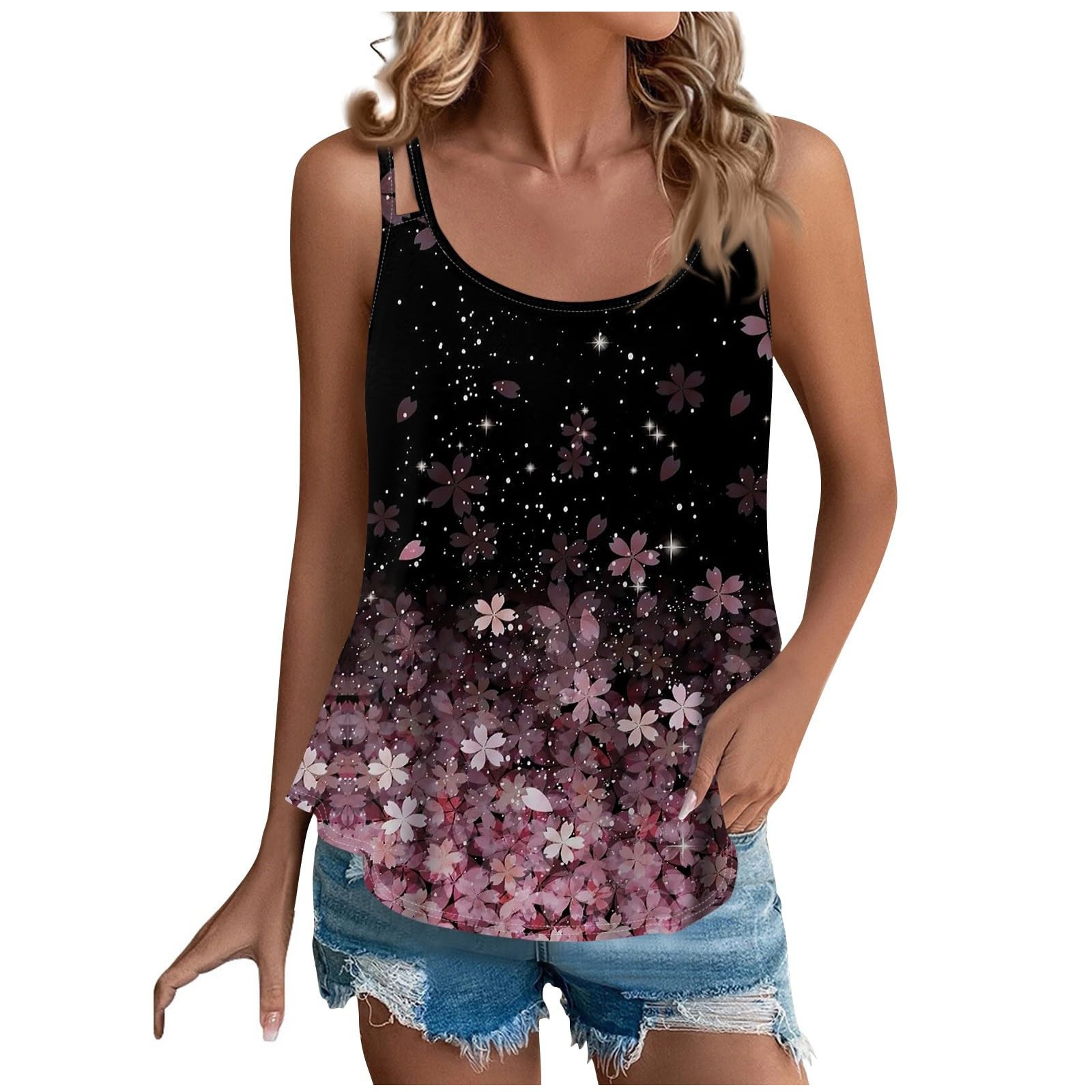 thumbnail image 3 of Puntoco Tops sin mangas para mujer Tops casuales de verano a la moda con cuello redondo holgados y estampados sin mangas para mujer, 3 of 6