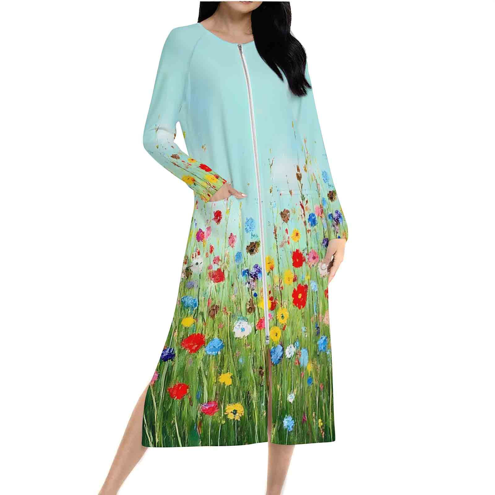 Aueoeo Women's Printed Robes Zipper Crew Neck Nightgown Loungewear ...