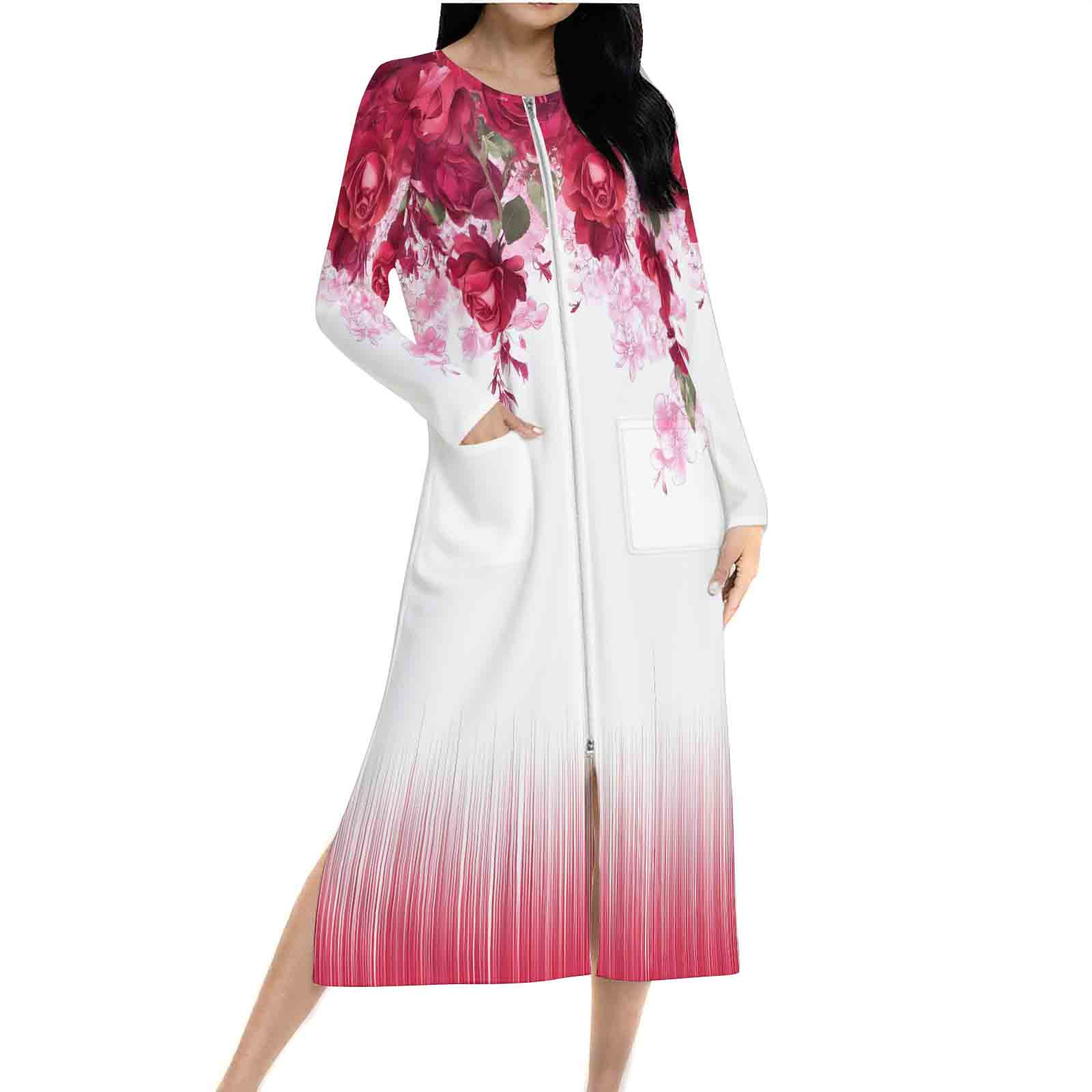Aueoeo Women's Zipper Robe Long Sleeves Crew Neck Housecoat Full Length ...
