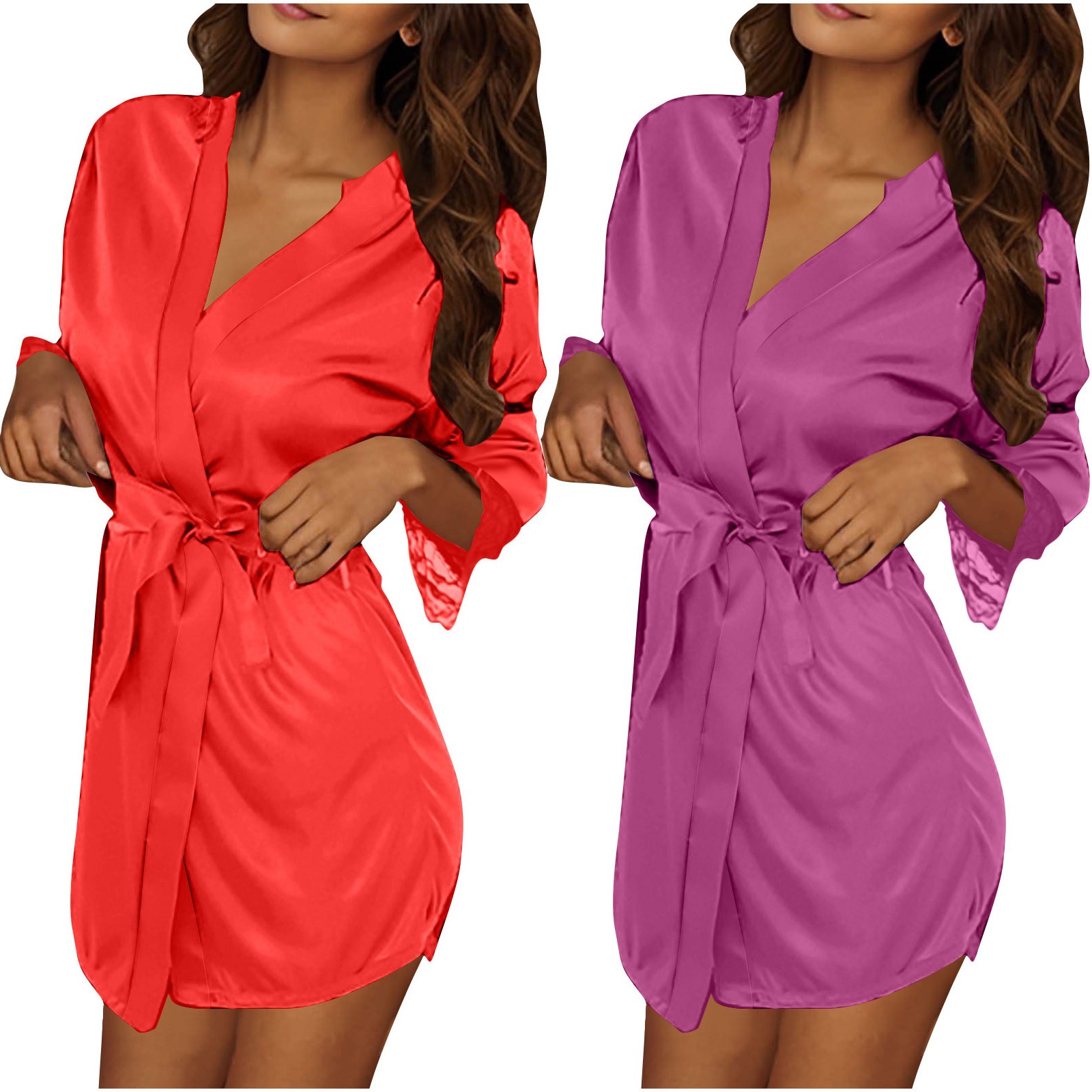 Bed 2 Robe Aueoeo 2 PCS Satin Robes for Women Knee Length Bathrobe V-neck Casual ...